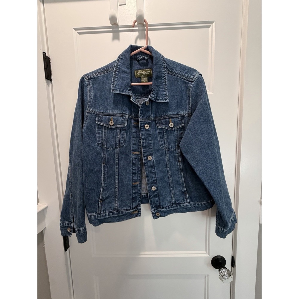 Eddie Bauer Women's Denim Trucker Jacket Size L Large Blue 100% Cotton VGUC